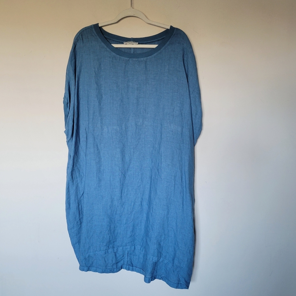 Haris Cotton Blue Linen Lagenlook Midi Dress Short Sleeve Made in Greece Small